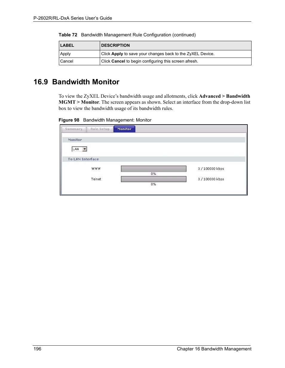 9 bandwidth monitor, Figure 98 bandwidth management: monitor | ZyXEL Communications P-2602R-DxA Series User Manual | Page 196 / 348