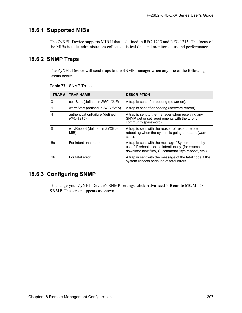 1 supported mibs, 2 snmp traps, Table 77 snmp traps | 3 configuring snmp | ZyXEL Communications P-2602R-DxA Series User Manual | Page 207 / 348