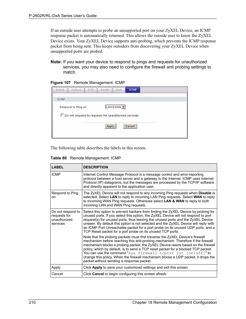 Figure 107 remote management: icmp, Table 80 remote management: icmp | ZyXEL Communications P-2602R-DxA Series User Manual | Page 210 / 348
