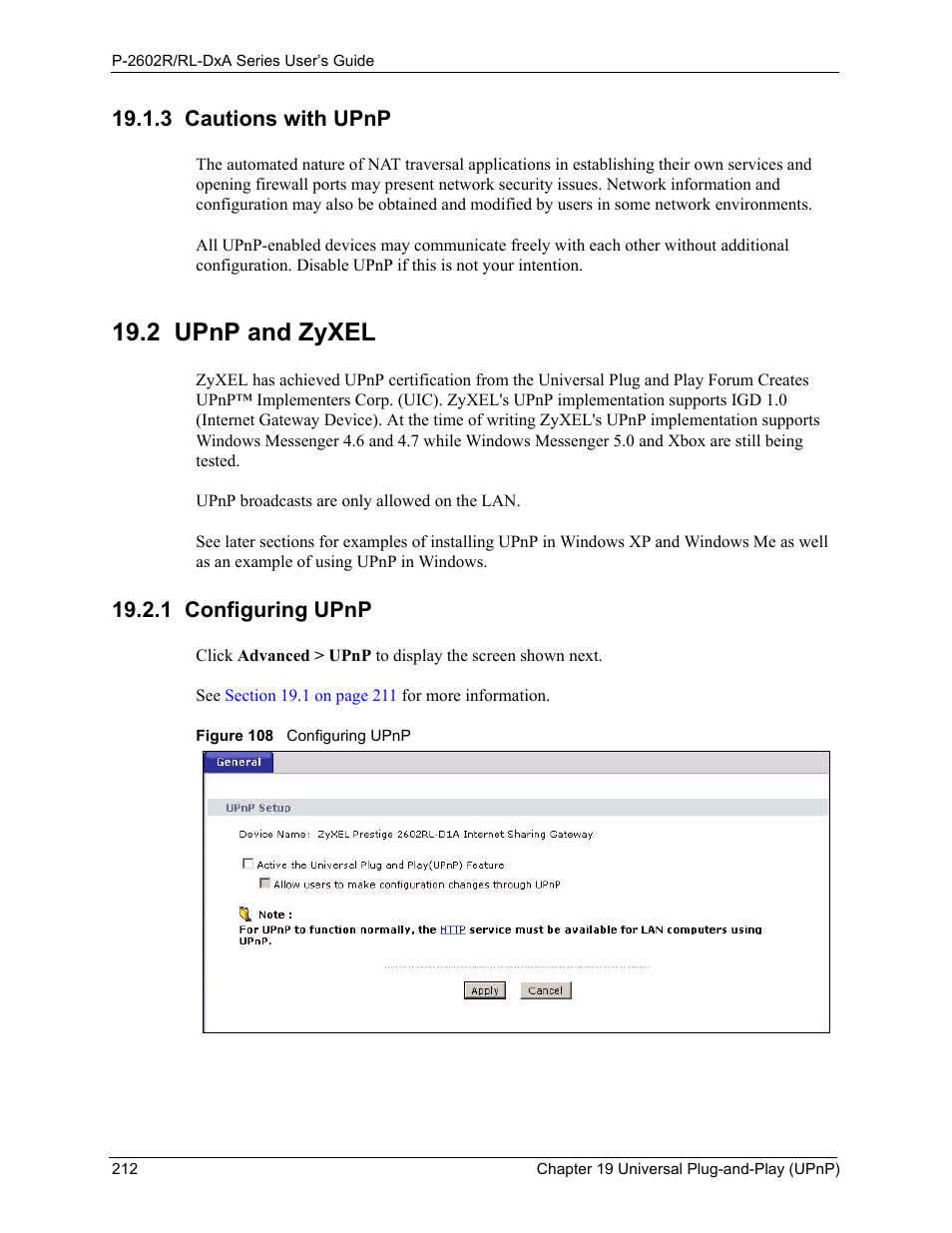 3 cautions with upnp, 2 upnp and zyxel, 1 configuring upnp | Figure 108 configuring upnp | ZyXEL Communications P-2602R-DxA Series User Manual | Page 212 / 348