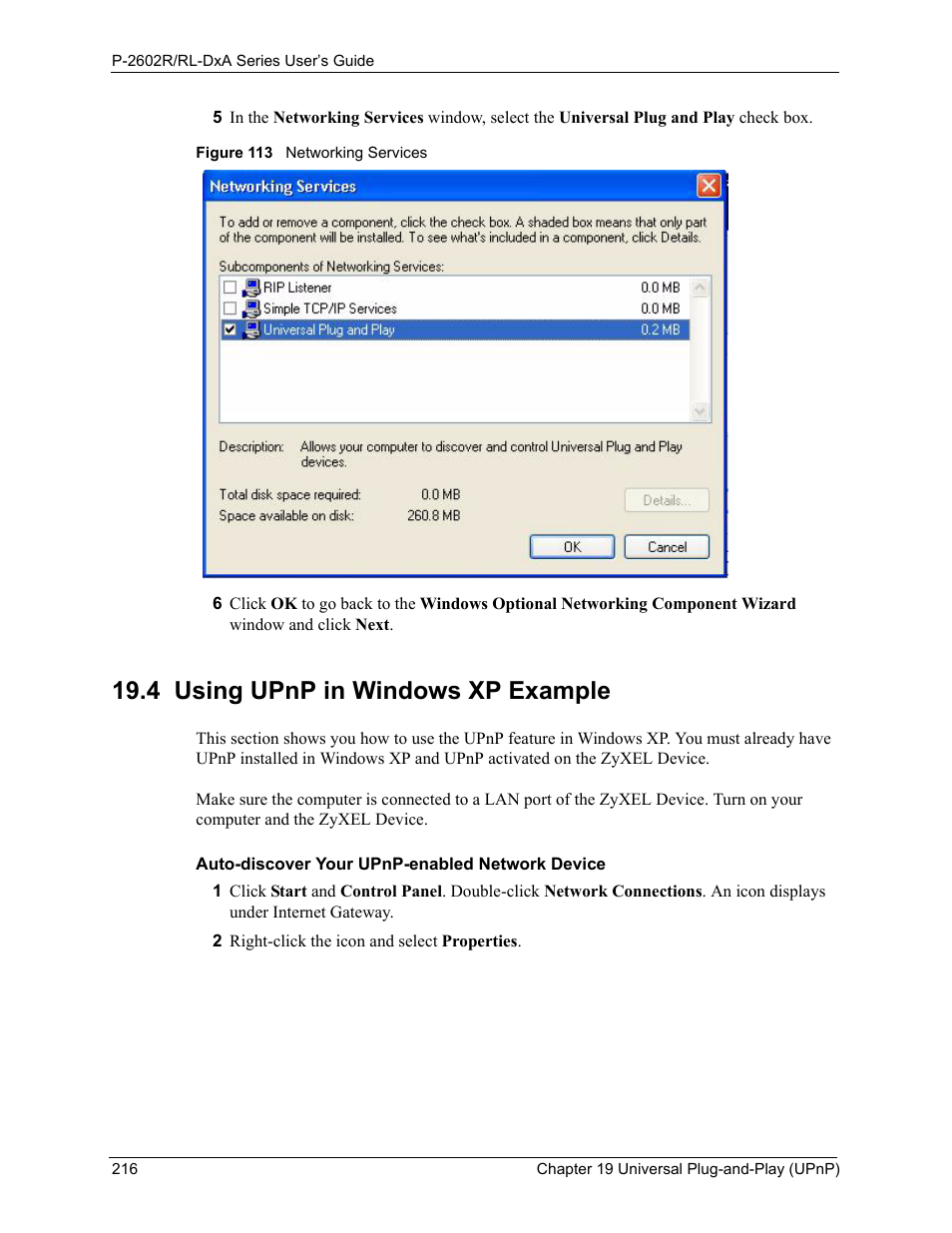 4 using upnp in windows xp example, Figure 113 networking services | ZyXEL Communications P-2602R-DxA Series User Manual | Page 216 / 348