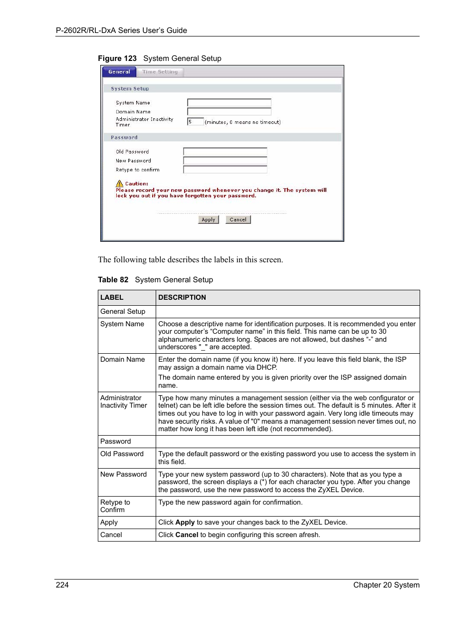 Figure 123 system general setup, Table 82 system general setup | ZyXEL Communications P-2602R-DxA Series User Manual | Page 224 / 348