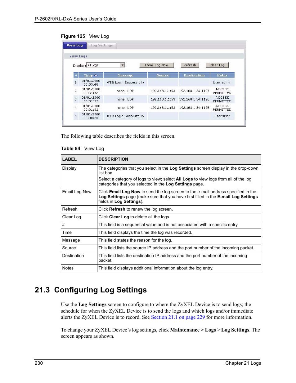 3 configuring log settings, Figure 125 view log, Table 84 view log | ZyXEL Communications P-2602R-DxA Series User Manual | Page 230 / 348