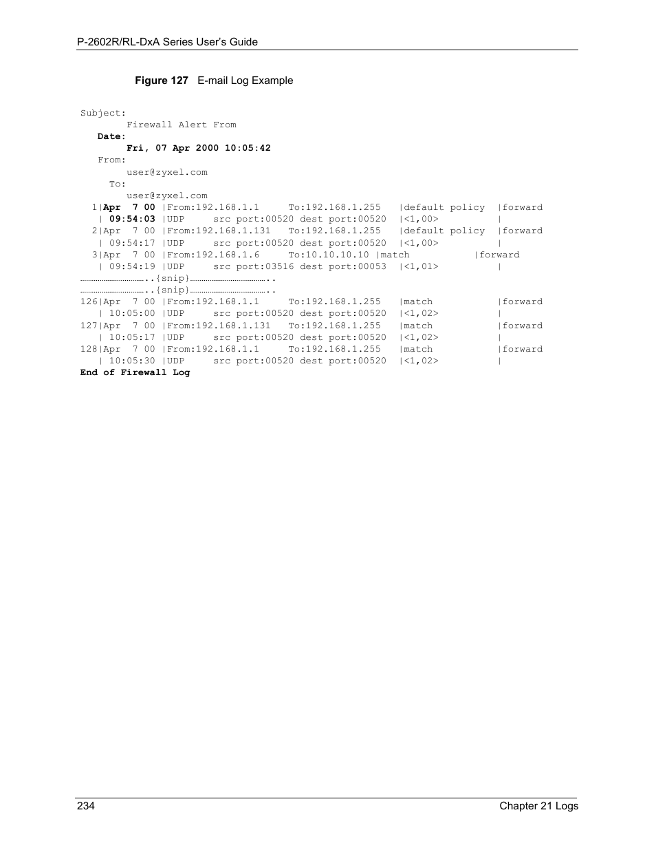Figure 127 e-mail log example | ZyXEL Communications P-2602R-DxA Series User Manual | Page 234 / 348