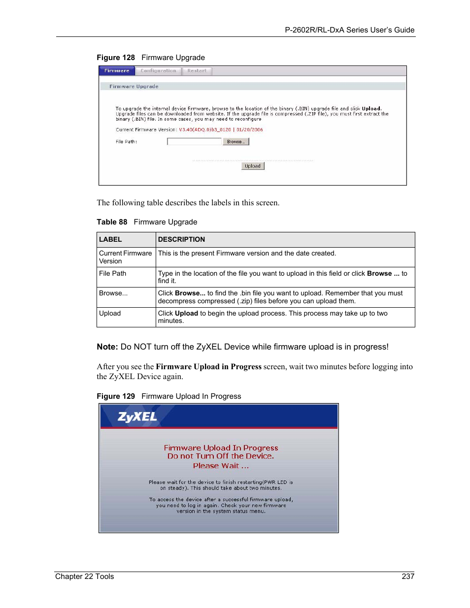 Table 88 firmware upgrade | ZyXEL Communications P-2602R-DxA Series User Manual | Page 237 / 348
