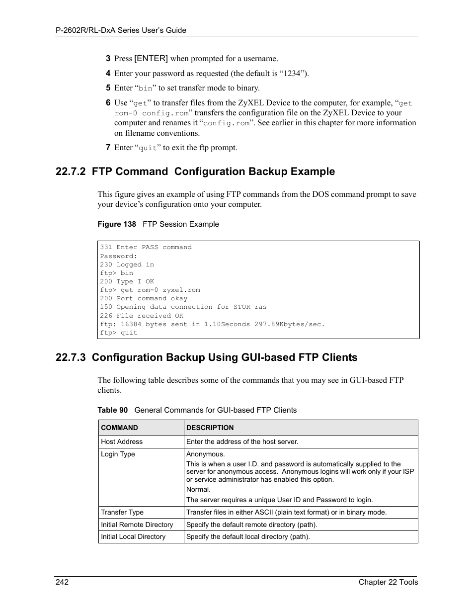 2 ftp command configuration backup example, 3 configuration backup using gui-based ftp clients, Figure 138 ftp session example | ZyXEL Communications P-2602R-DxA Series User Manual | Page 242 / 348