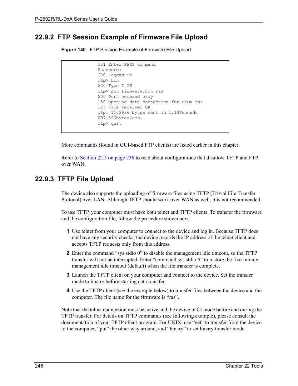 2 ftp session example of firmware file upload, 3 tftp file upload | ZyXEL Communications P-2602R-DxA Series User Manual | Page 246 / 348