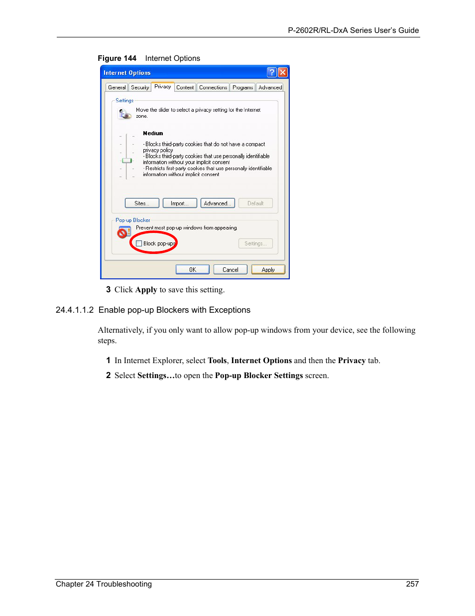 Figure 144 internet options | ZyXEL Communications P-2602R-DxA Series User Manual | Page 257 / 348