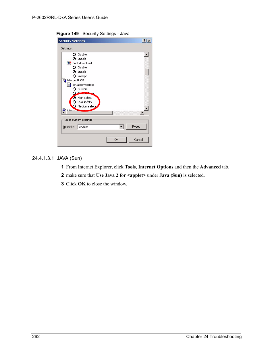Figure 149 security settings - java | ZyXEL Communications P-2602R-DxA Series User Manual | Page 262 / 348