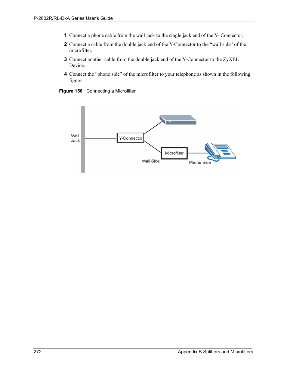 Figure 156 connecting a microfilter | ZyXEL Communications P-2602R-DxA Series User Manual | Page 272 / 348