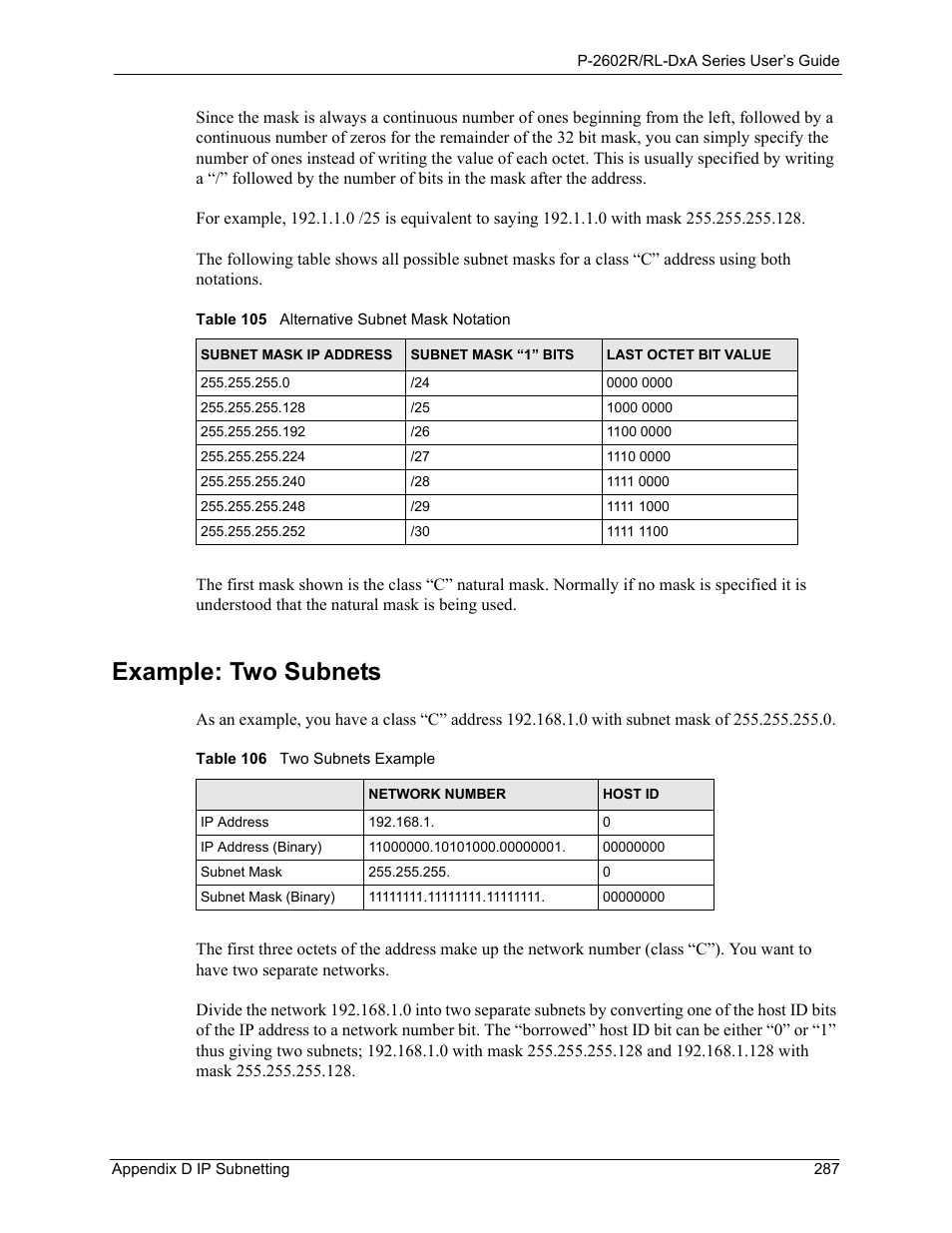 Example: two subnets | ZyXEL Communications P-2602R-DxA Series User Manual | Page 287 / 348