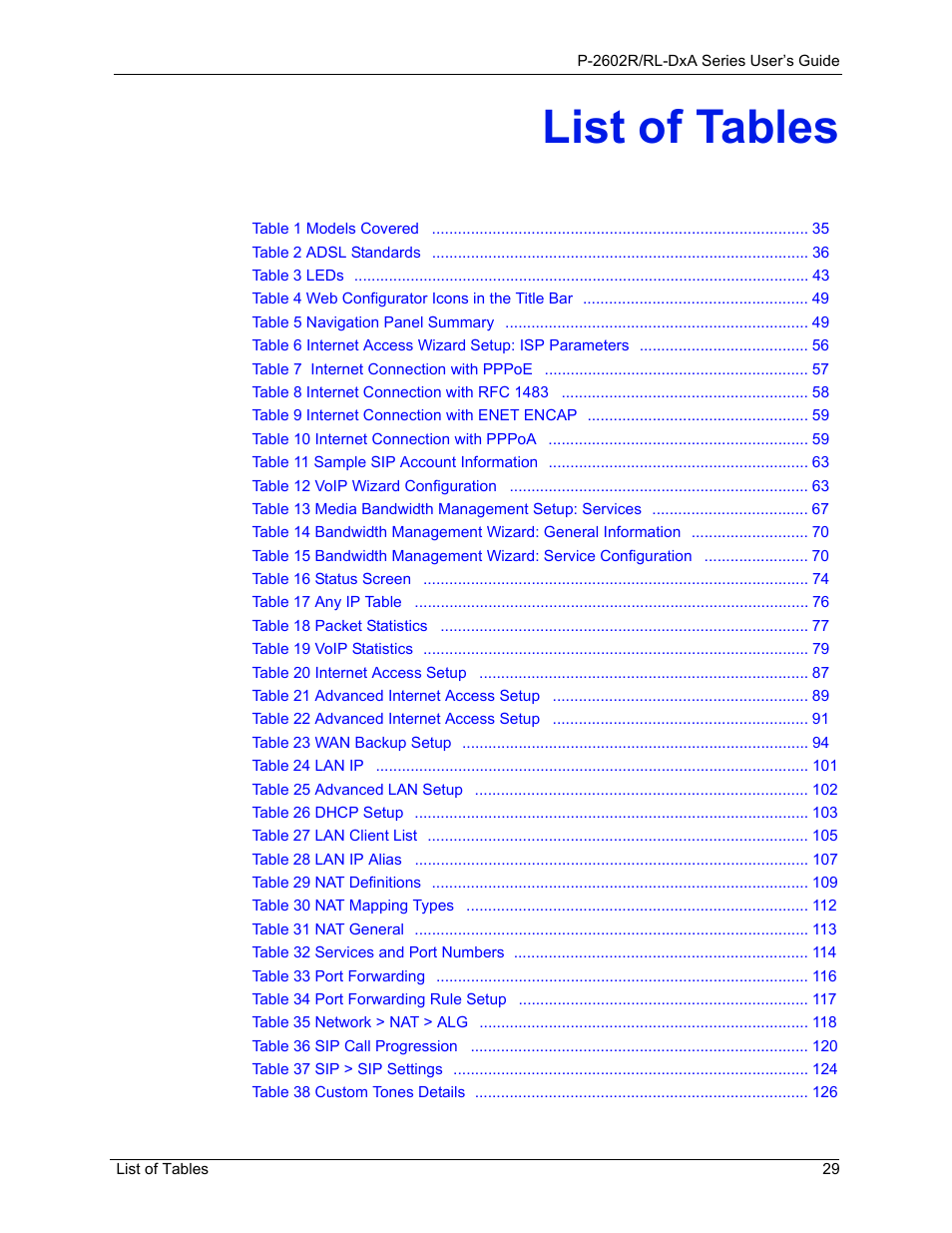 List of tables | ZyXEL Communications P-2602R-DxA Series User Manual | Page 29 / 348