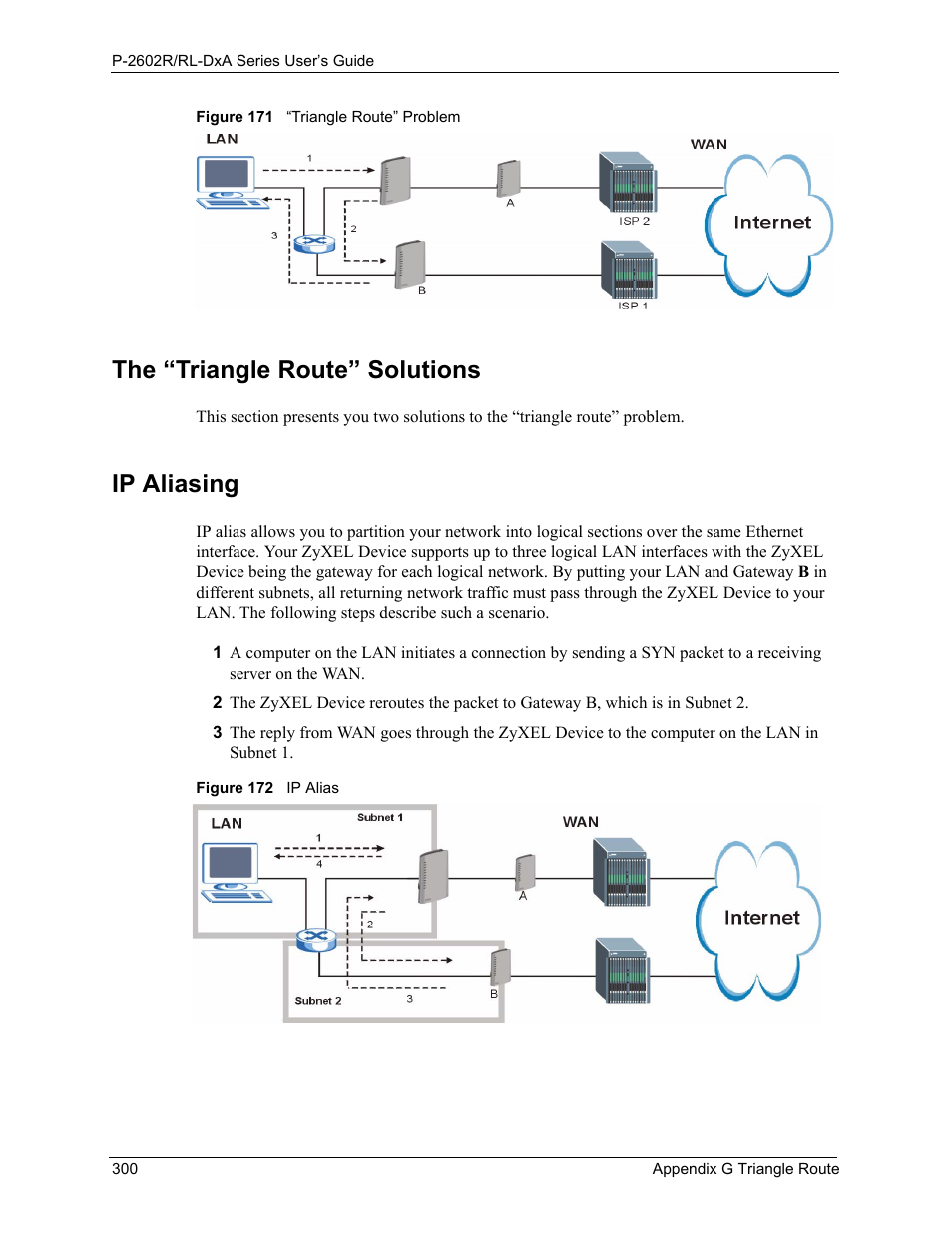 The “triangle route” solutions ip aliasing, The “triangle route” solutions, Ip aliasing | ZyXEL Communications P-2602R-DxA Series User Manual | Page 300 / 348