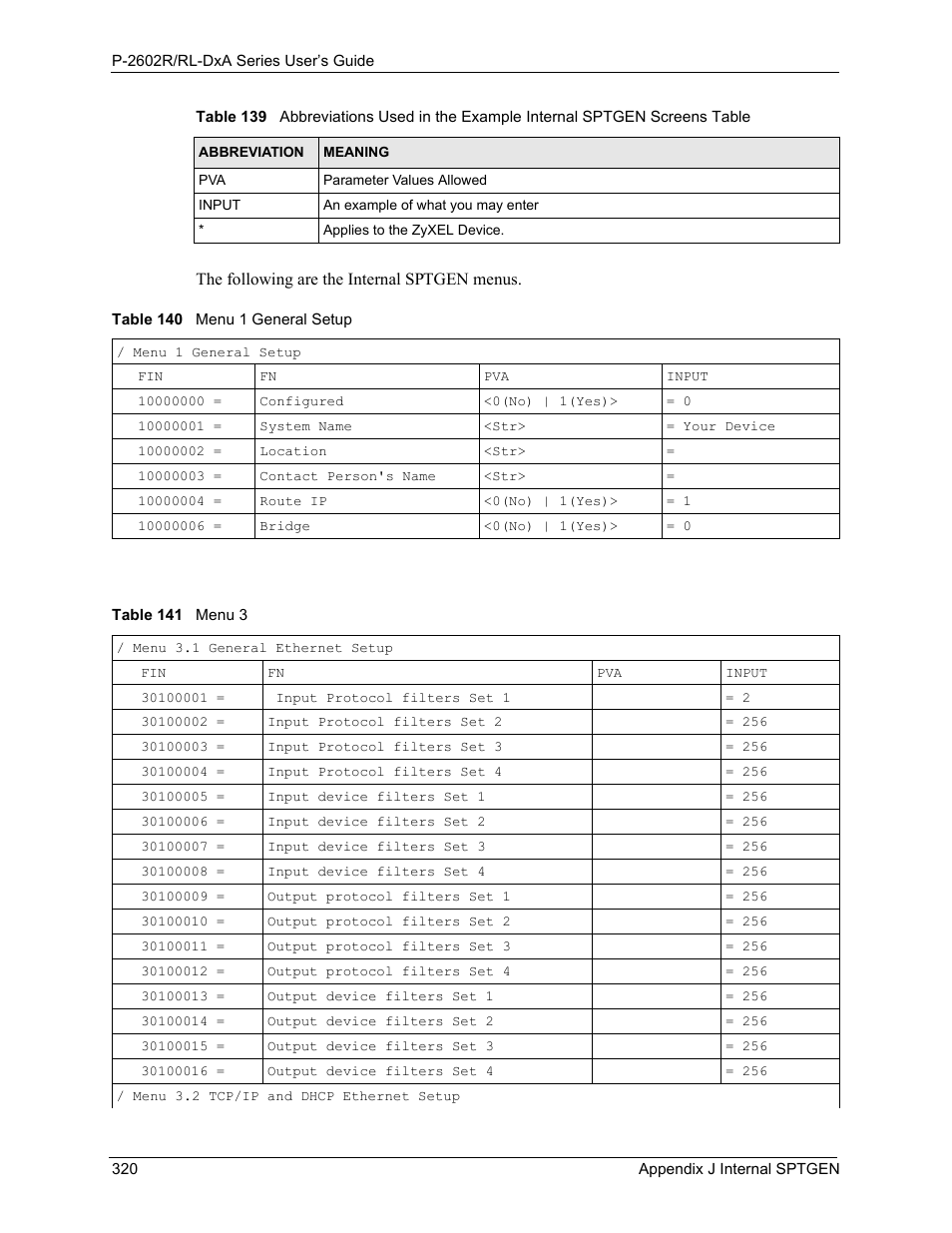 Table 140 menu 1 general setup table 141 menu 3 | ZyXEL Communications P-2602R-DxA Series User Manual | Page 320 / 348