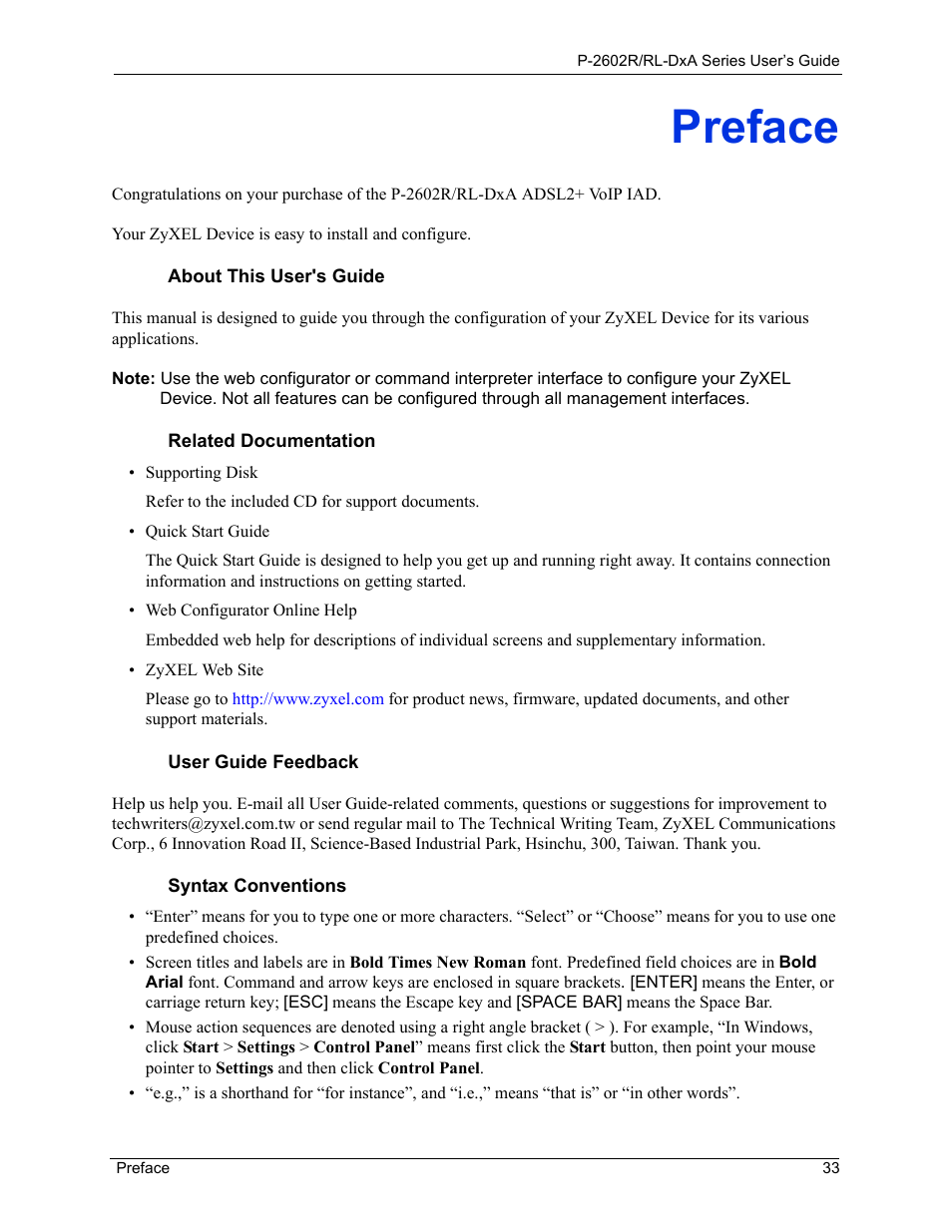 Preface | ZyXEL Communications P-2602R-DxA Series User Manual | Page 33 / 348