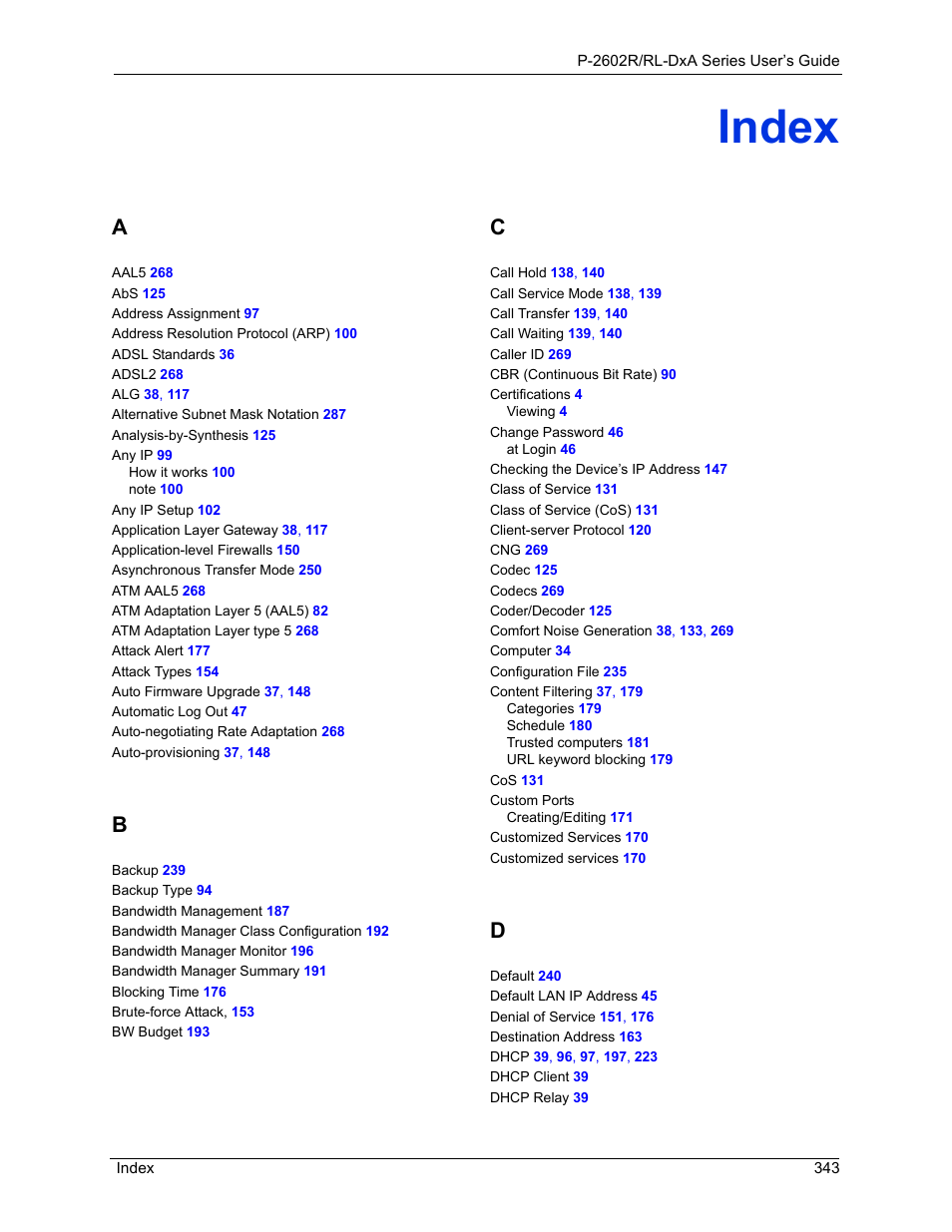 Index | ZyXEL Communications P-2602R-DxA Series User Manual | Page 343 / 348