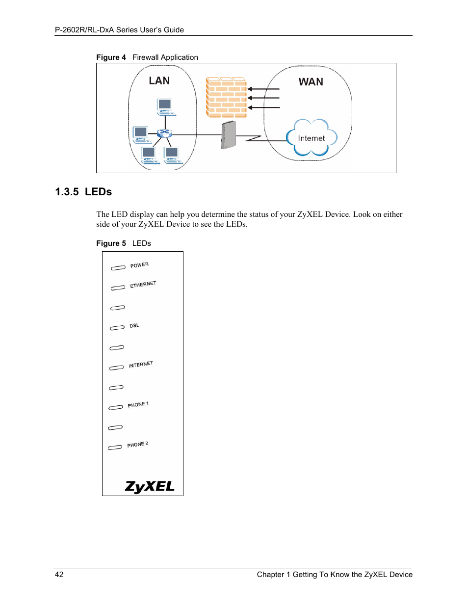 5 leds, Figure 4 firewall application figure 5 leds | ZyXEL Communications P-2602R-DxA Series User Manual | Page 42 / 348