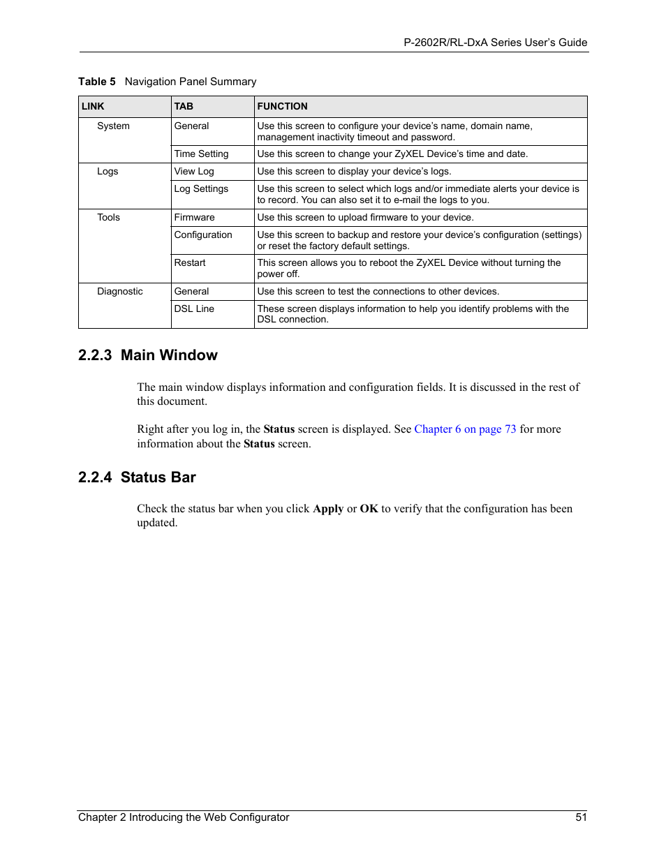 3 main window, 4 status bar, 3 main window 2.2.4 status bar | ZyXEL Communications P-2602R-DxA Series User Manual | Page 51 / 348