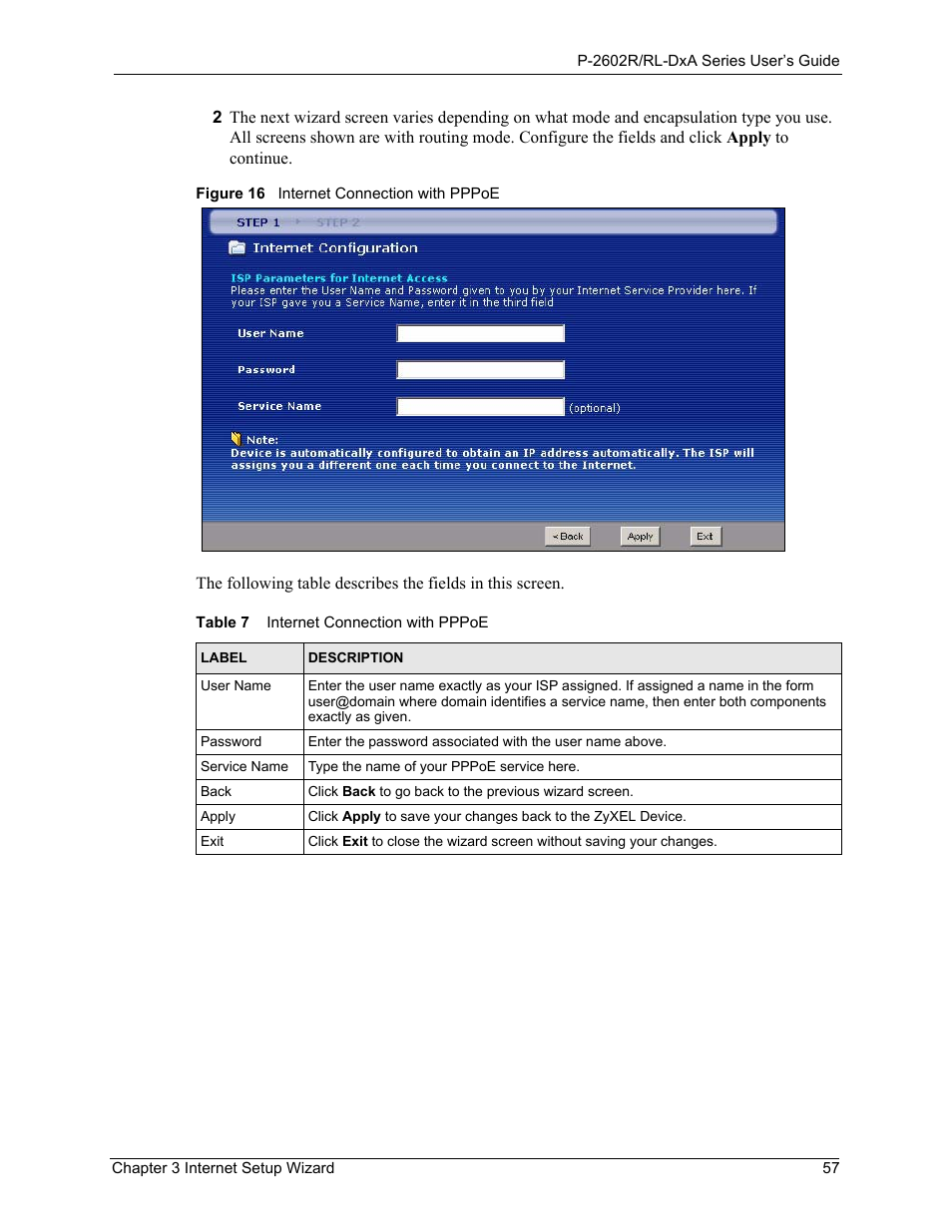Figure 16 internet connection with pppoe, Table 7 internet connection with pppoe | ZyXEL Communications P-2602R-DxA Series User Manual | Page 57 / 348
