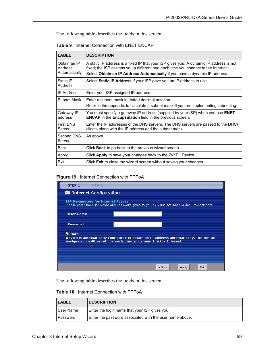 Figure 19 internet connection with pppoa | ZyXEL Communications P-2602R-DxA Series User Manual | Page 59 / 348