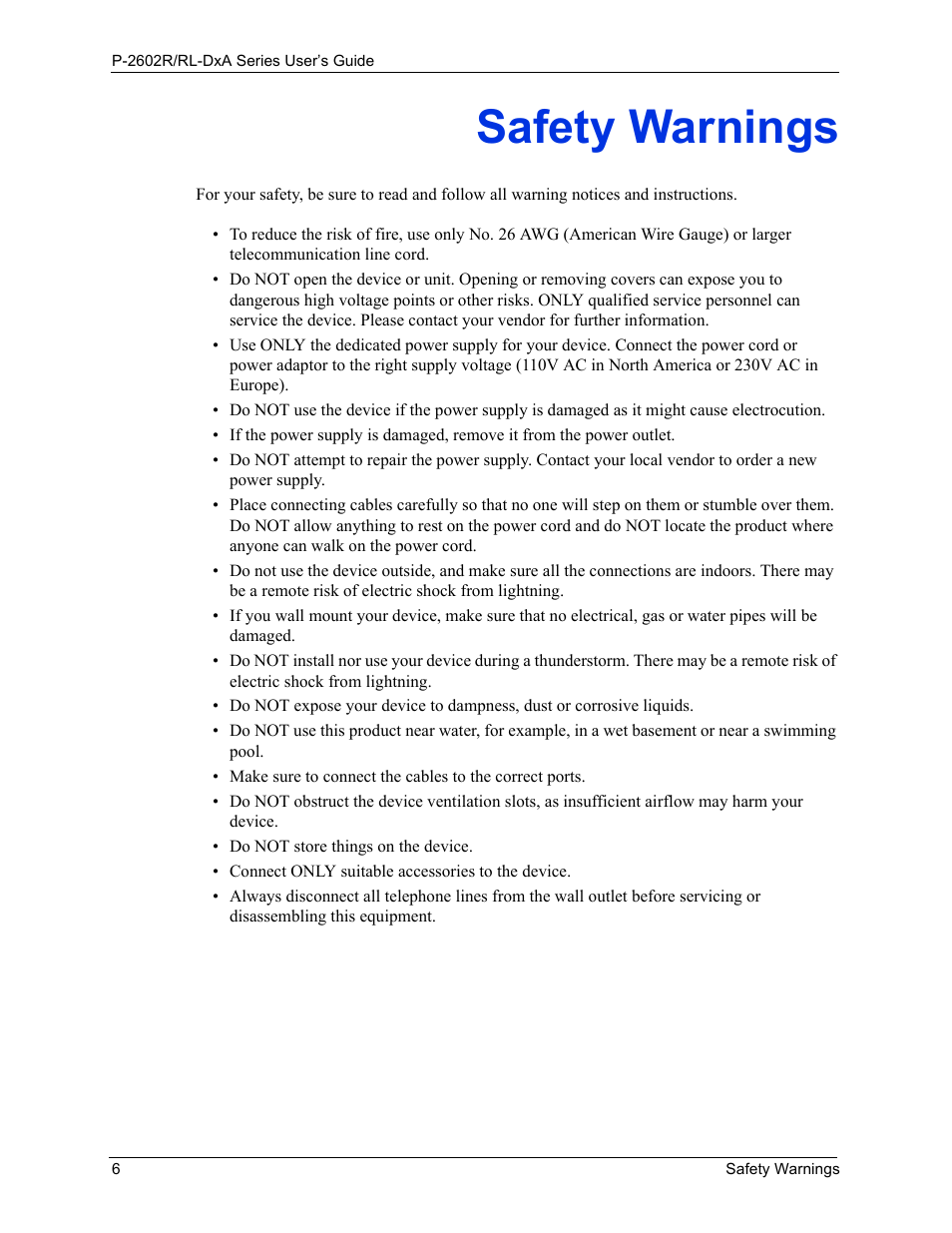 Safety warnings | ZyXEL Communications P-2602R-DxA Series User Manual | Page 6 / 348