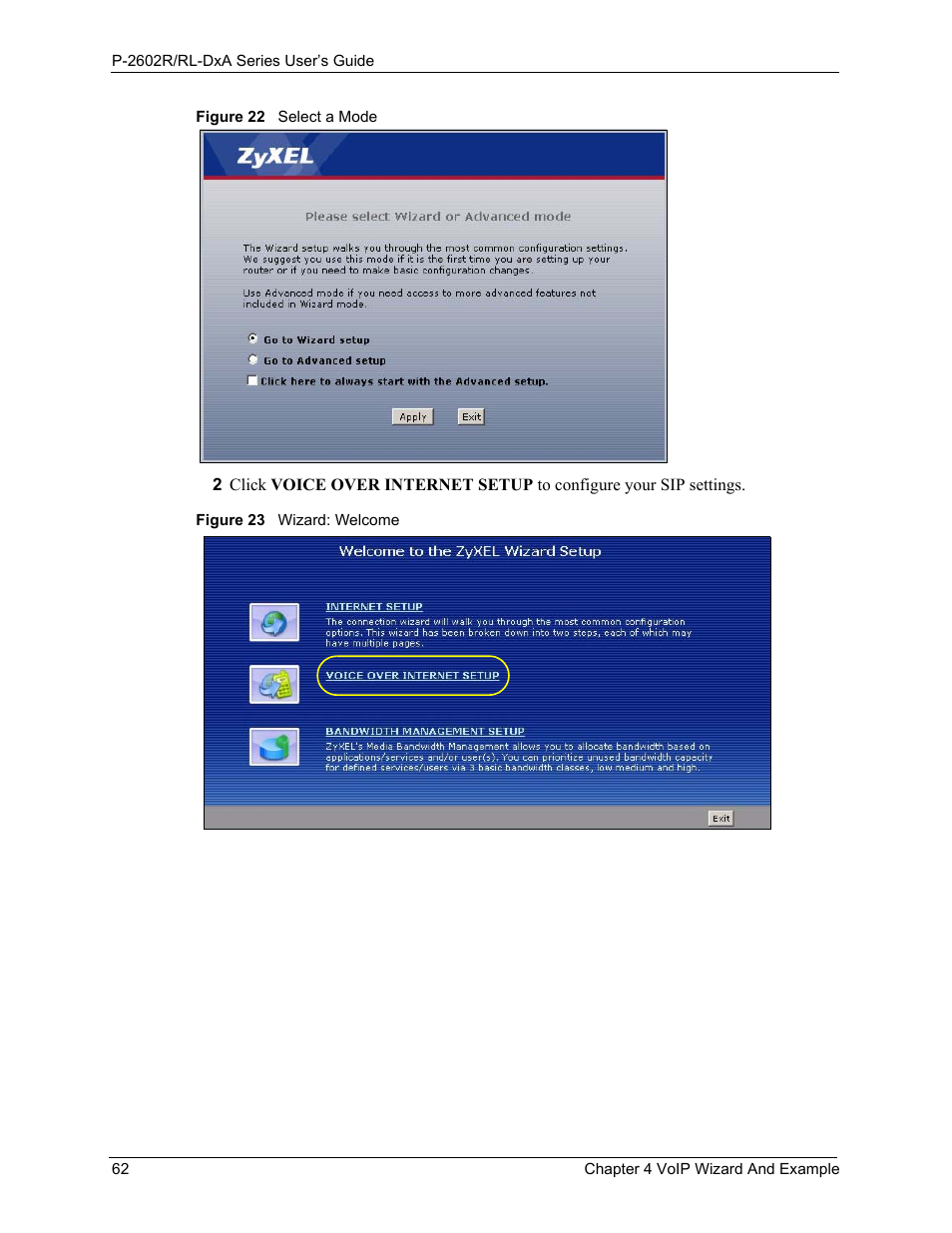 Figure 22 select a mode figure 23 wizard: welcome | ZyXEL Communications P-2602R-DxA Series User Manual | Page 62 / 348