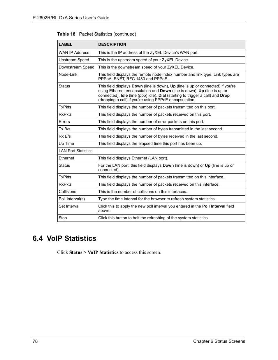 4 voip statistics, Age. see | ZyXEL Communications P-2602R-DxA Series User Manual | Page 78 / 348