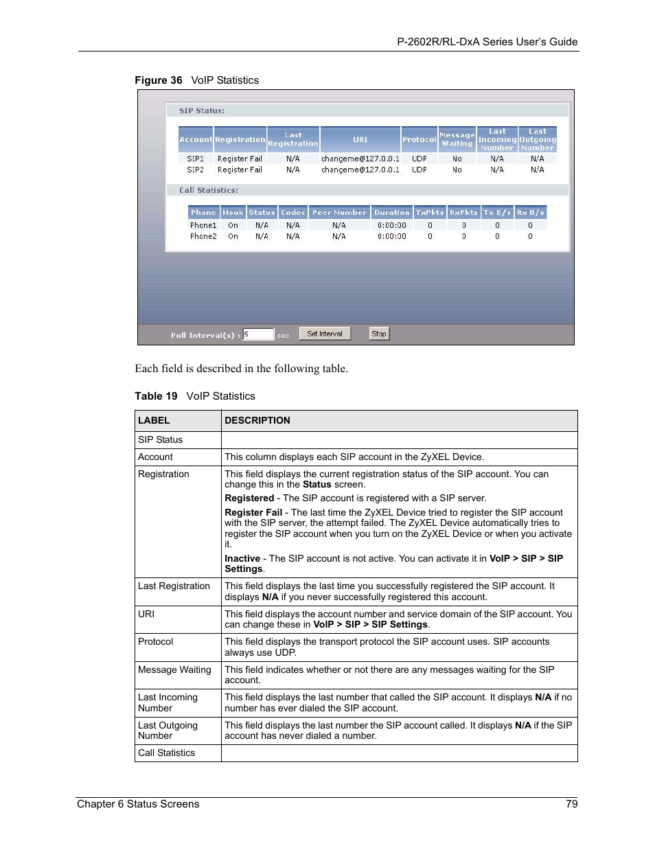 Figure 36 voip statistics, Table 19 voip statistics | ZyXEL Communications P-2602R-DxA Series User Manual | Page 79 / 348