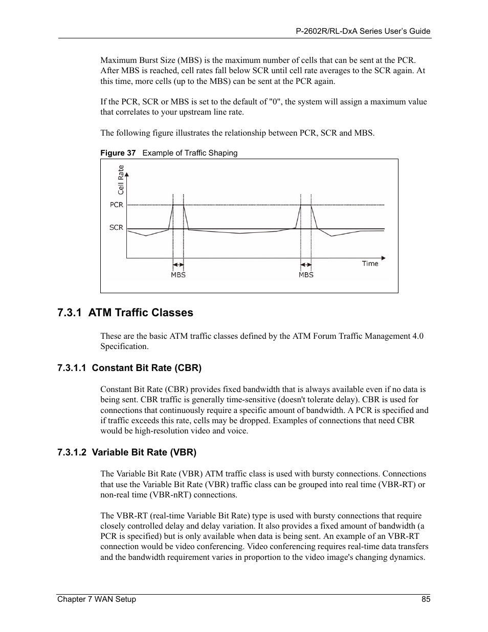 1 atm traffic classes, 1 constant bit rate (cbr), 2 variable bit rate (vbr) | Figure 37 example of traffic shaping | ZyXEL Communications P-2602R-DxA Series User Manual | Page 85 / 348
