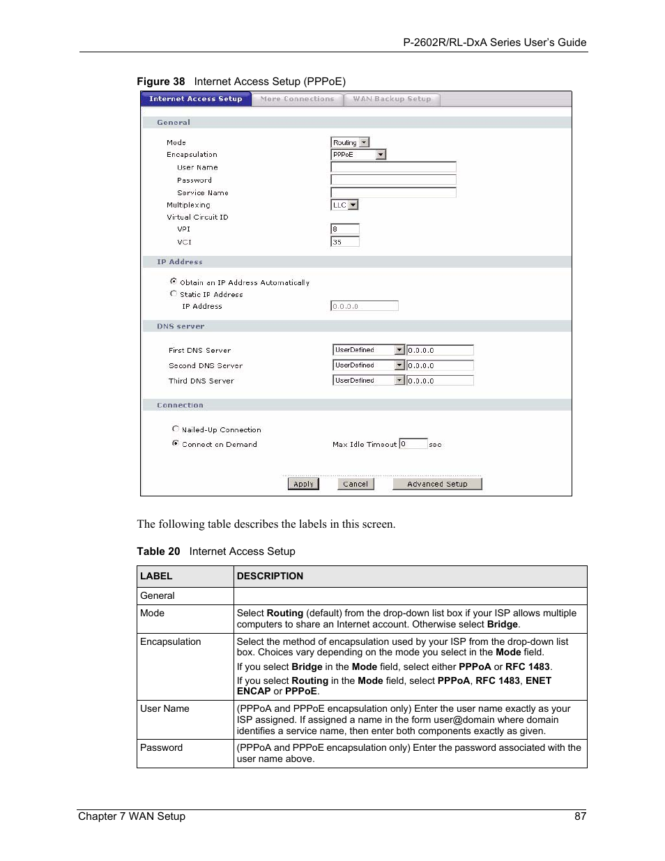 Figure 38 internet access setup (pppoe), Table 20 internet access setup | ZyXEL Communications P-2602R-DxA Series User Manual | Page 87 / 348