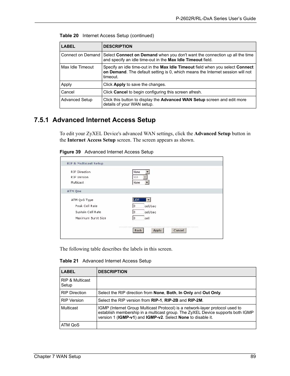 1 advanced internet access setup, Figure 39 advanced internet access setup, Table 21 advanced internet access setup | ZyXEL Communications P-2602R-DxA Series User Manual | Page 89 / 348