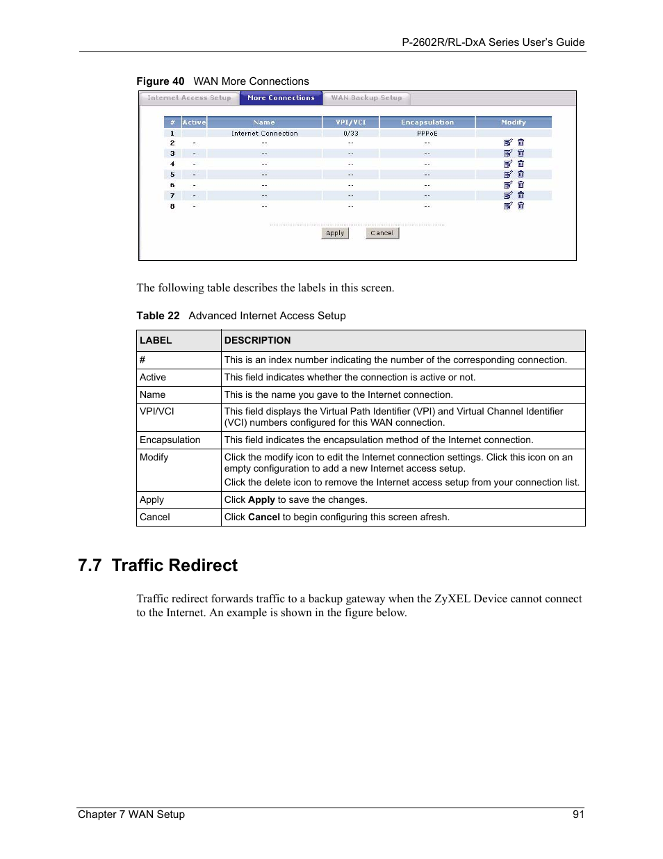 7 traffic redirect, Figure 40 wan more connections, Table 22 advanced internet access setup | ZyXEL Communications P-2602R-DxA Series User Manual | Page 91 / 348