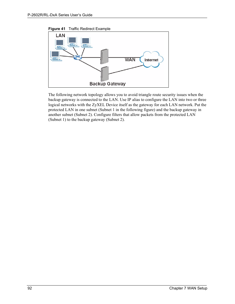 Figure 41 traffic redirect example | ZyXEL Communications P-2602R-DxA Series User Manual | Page 92 / 348