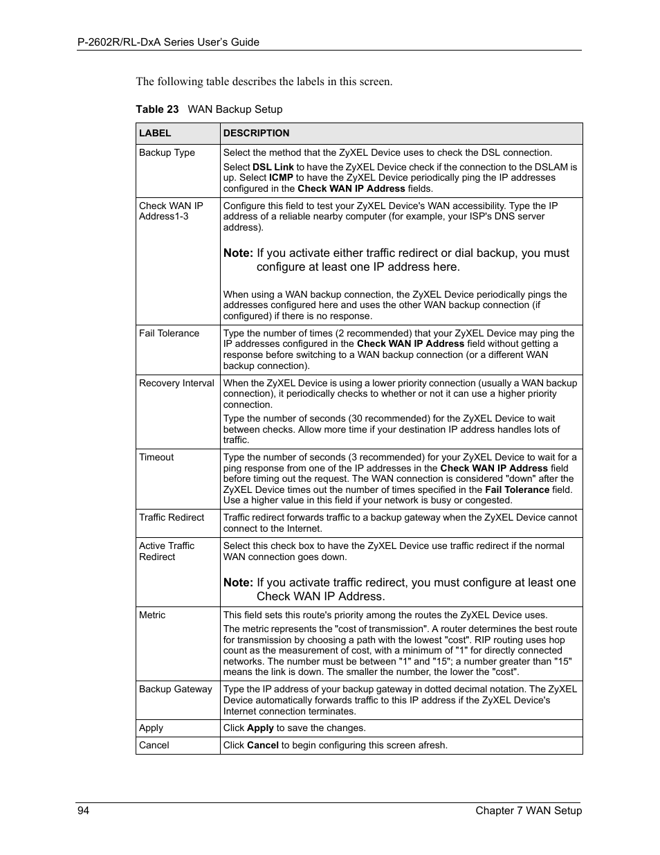 Table 23 wan backup setup | ZyXEL Communications P-2602R-DxA Series User Manual | Page 94 / 348