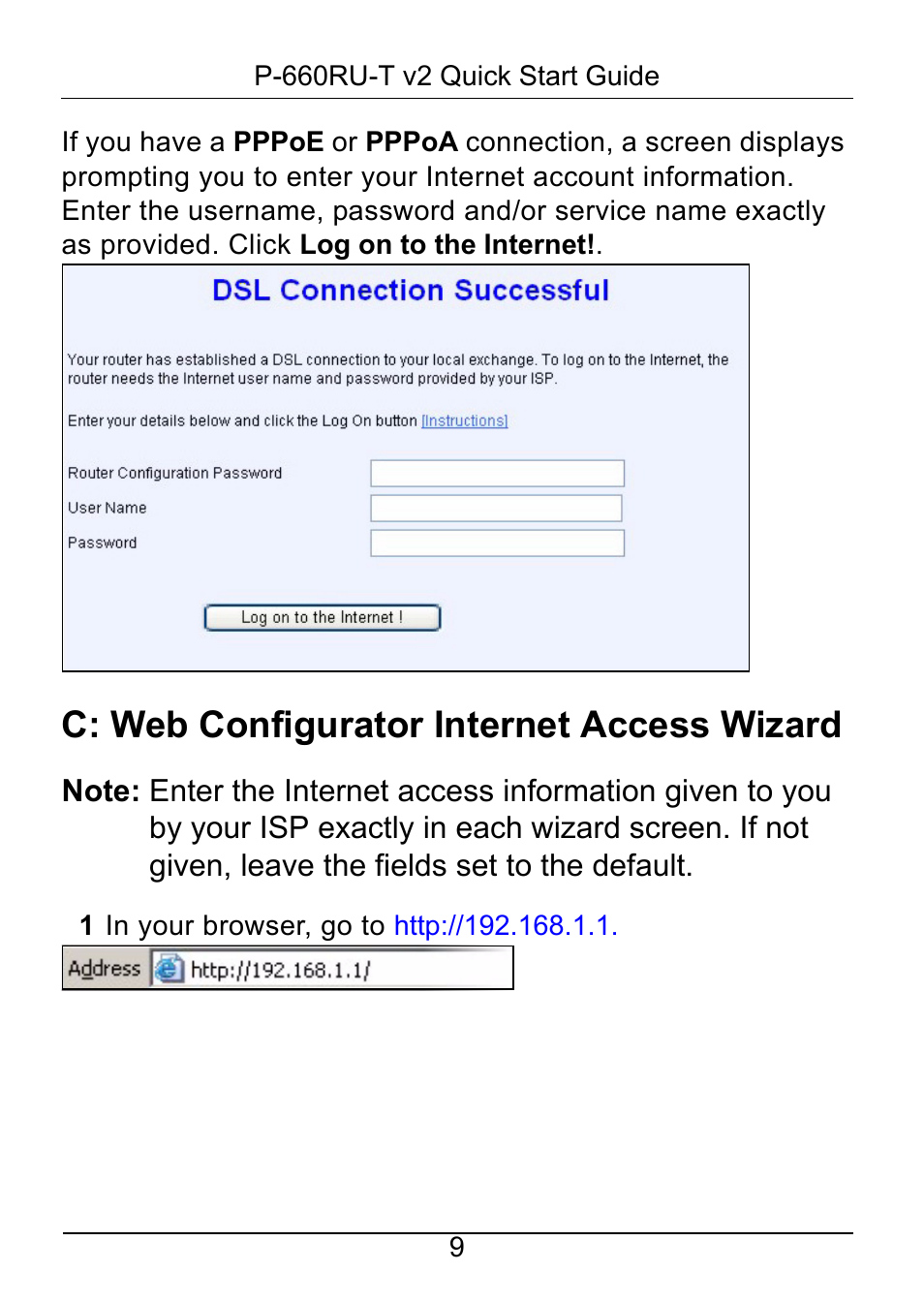 C: web configurator internet access wizard | ZyXEL Communications P-660RU-T V2 User Manual | Page 10 / 25