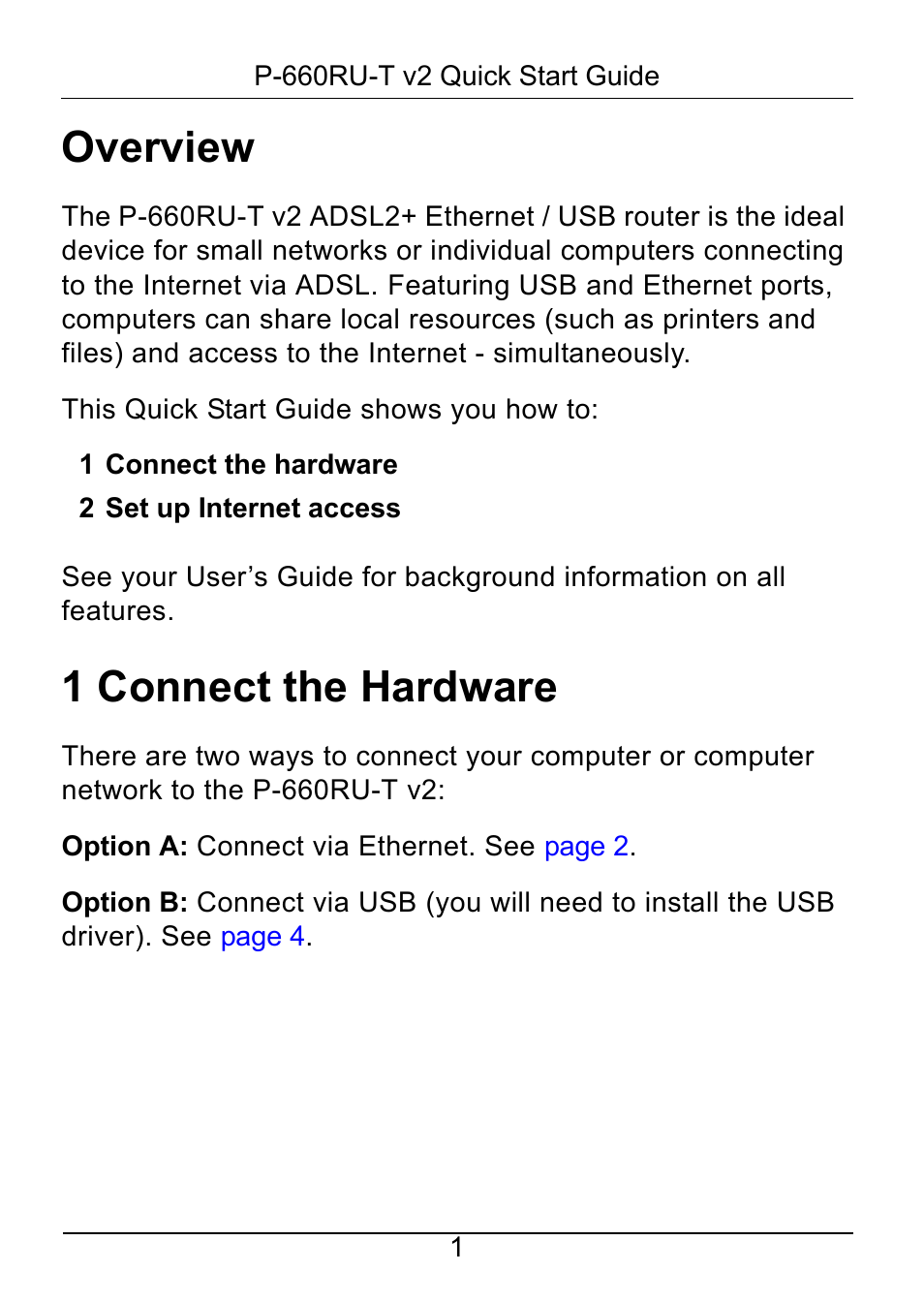 Overview, 1 connect the hardware | ZyXEL Communications P-660RU-T V2 User Manual | Page 2 / 25