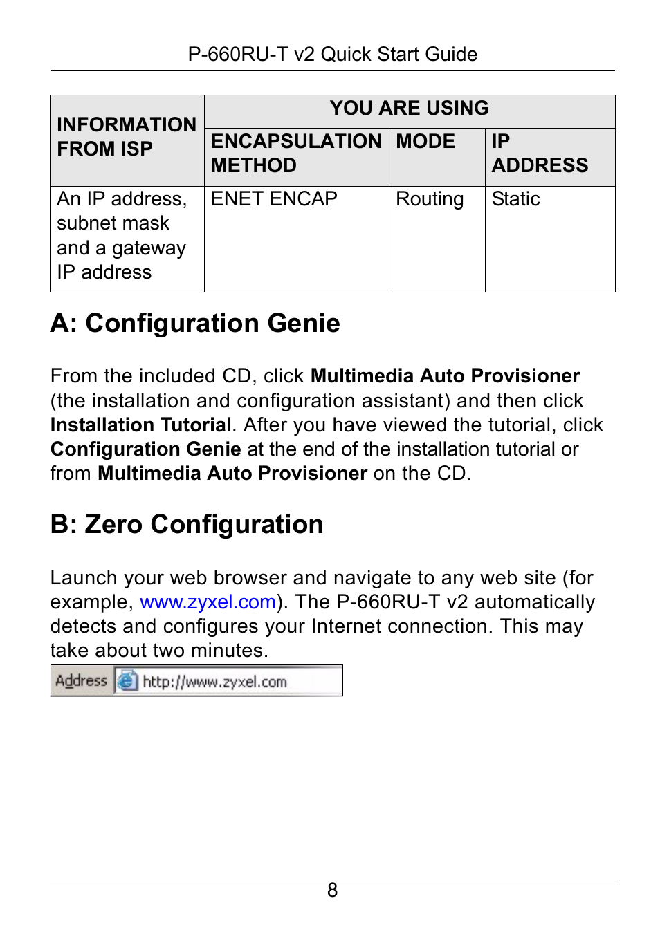 A: configuration genie, B: zero configuration | ZyXEL Communications P-660RU-T V2 User Manual | Page 9 / 25