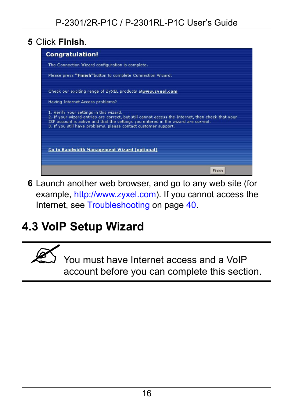 3 voip setup wizard, On p, Otherwi | ZyXEL Communications 2R-P1C User Manual | Page 16 / 53