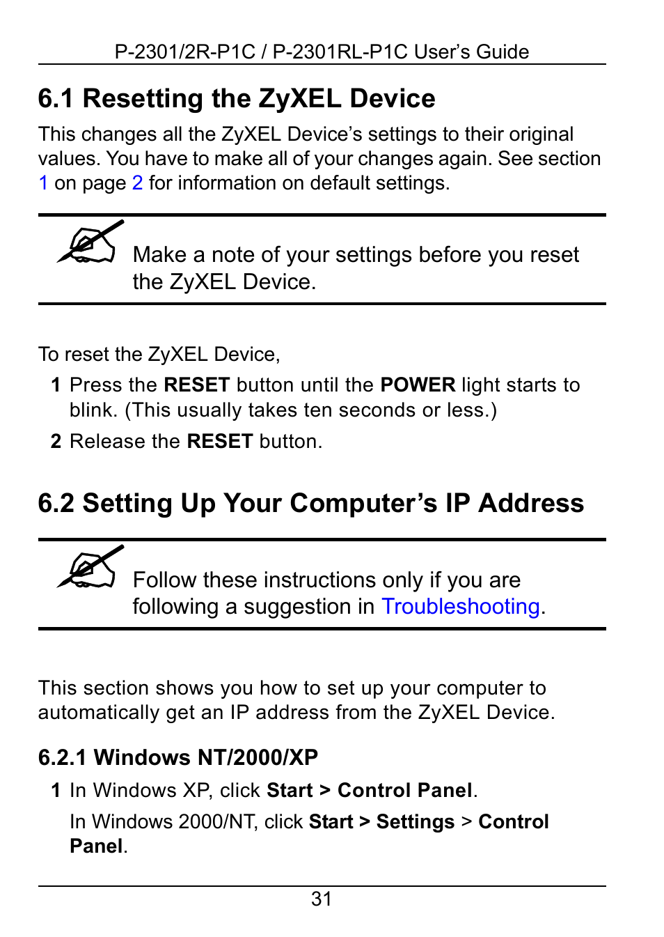 1 resetting the zyxel device, 2 setting up your computer’s ip address, Ons in | Setting up your, Computer’s ip address, On p, Setting, Up your computer’s ip address | ZyXEL Communications 2R-P1C User Manual | Page 31 / 53