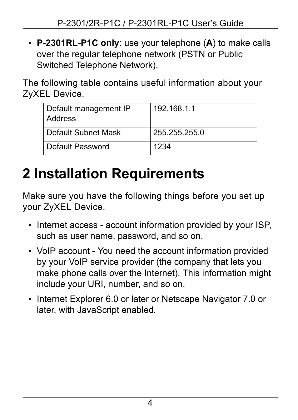 2 installation requirements, Installation requirements | ZyXEL Communications 2R-P1C User Manual | Page 4 / 53
