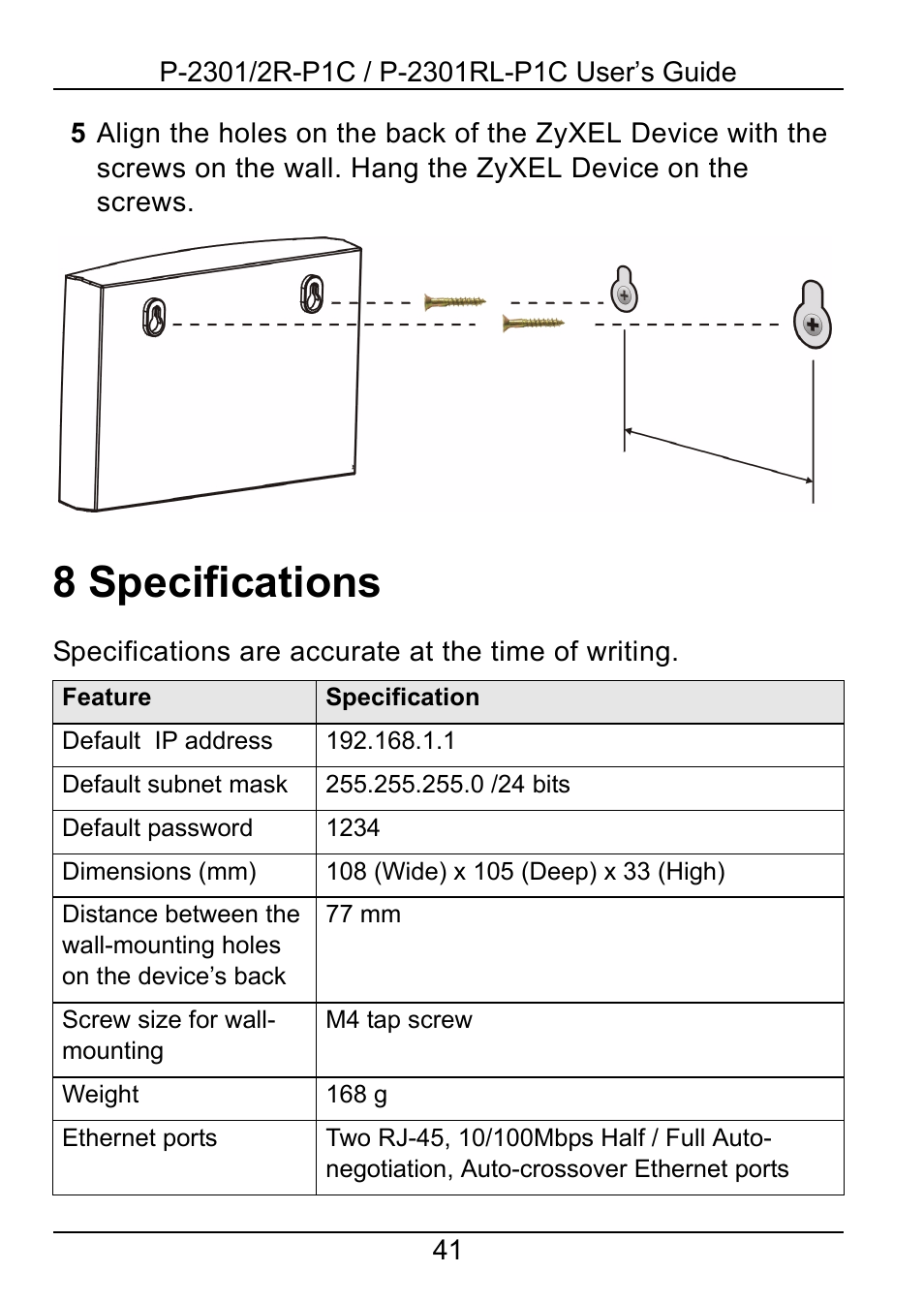8 specifications, Specifications | ZyXEL Communications 2R-P1C User Manual | Page 41 / 53