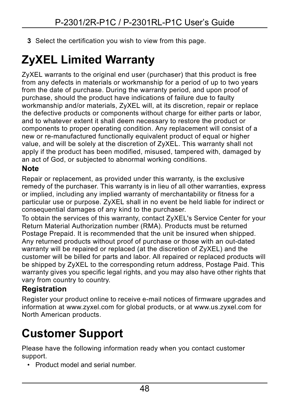 Zyxel limited warranty, Customer support | ZyXEL Communications 2R-P1C User Manual | Page 48 / 53