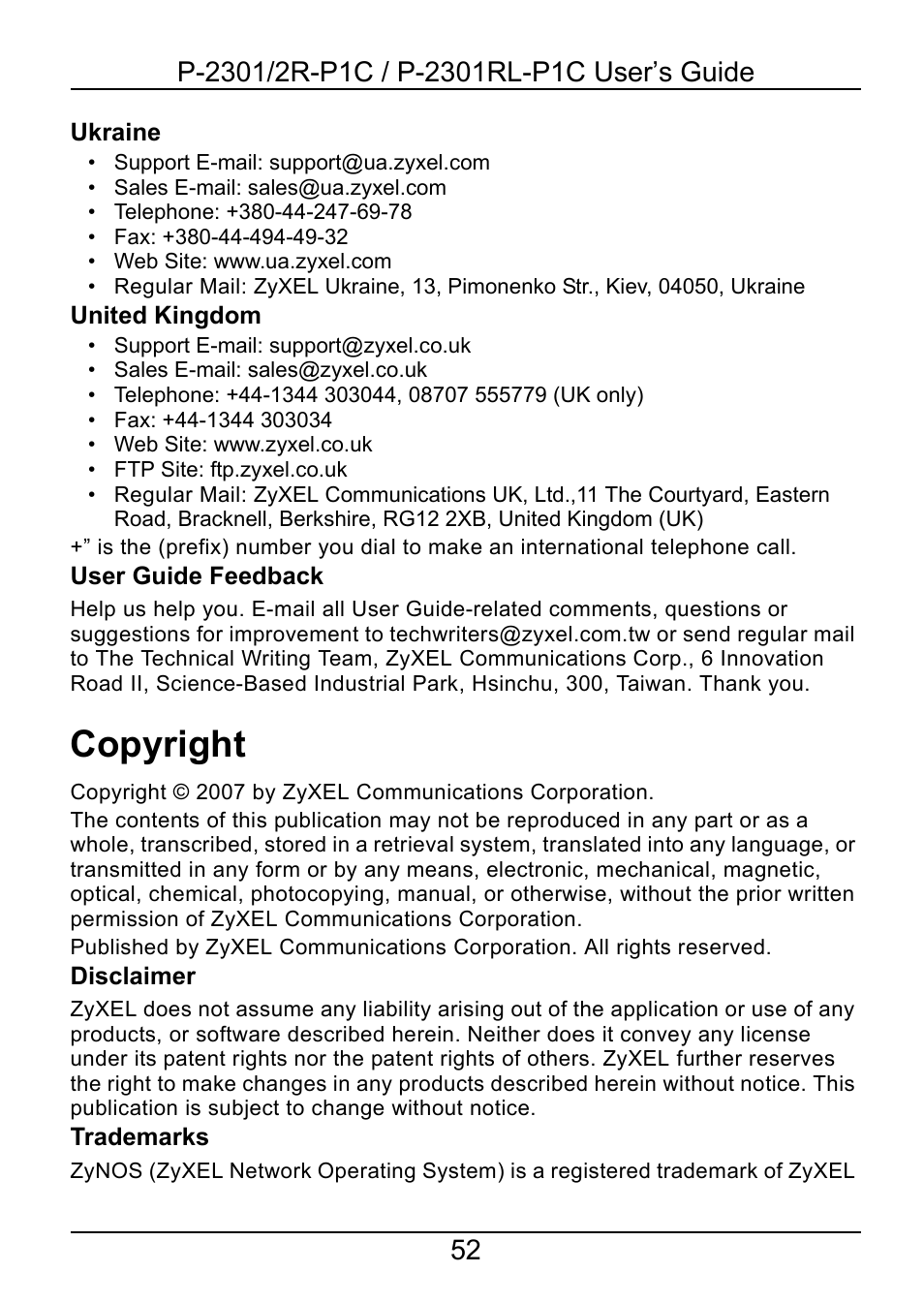 Copyright | ZyXEL Communications 2R-P1C User Manual | Page 52 / 53