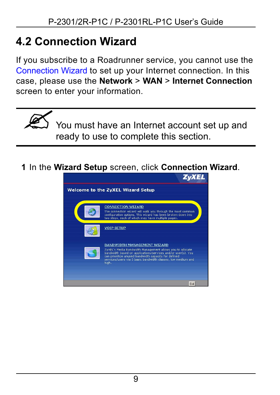 2 connection wizard, To section | ZyXEL Communications 2R-P1C User Manual | Page 9 / 53