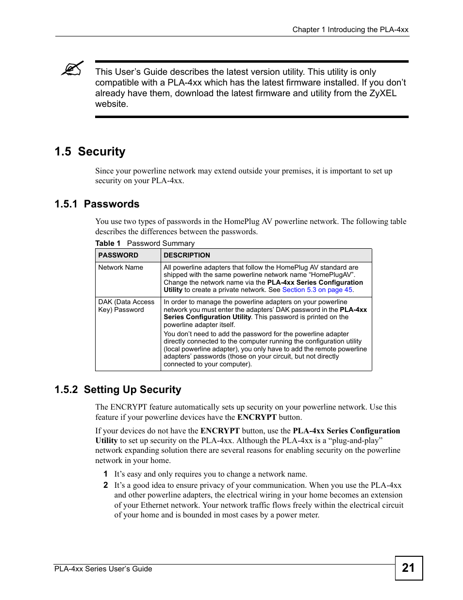 5 security, 1 passwords, 2 setting up security | 1 passwords 1.5.2 setting up security, Table 1 password summary | ZyXEL Communications PLA470 V2 User Manual | Page 21 / 92