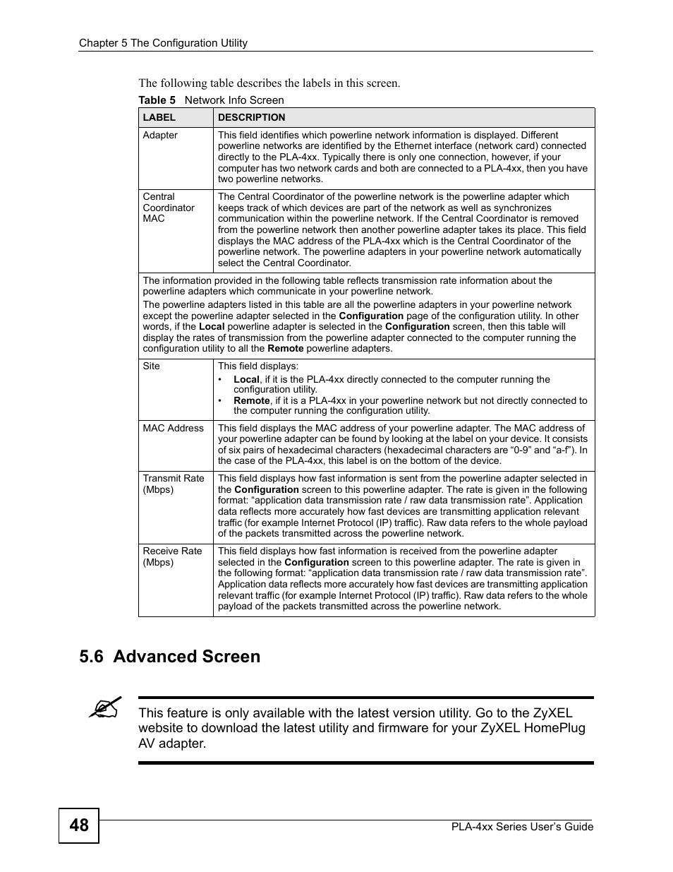 6 advanced screen, Table 5 network info screen | ZyXEL Communications PLA470 V2 User Manual | Page 48 / 92