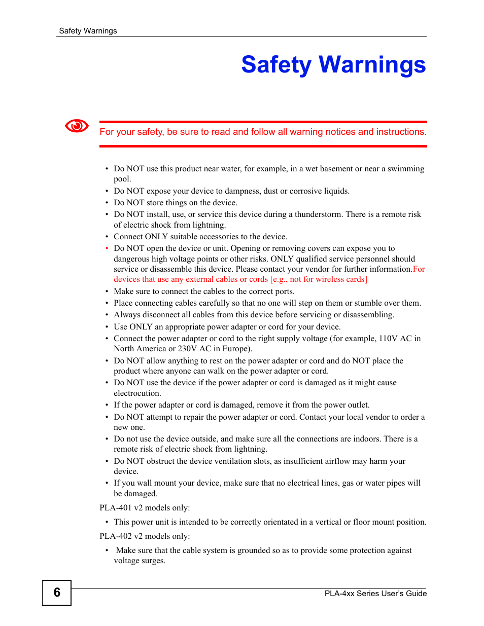 Safety warnings | ZyXEL Communications PLA470 V2 User Manual | Page 6 / 92