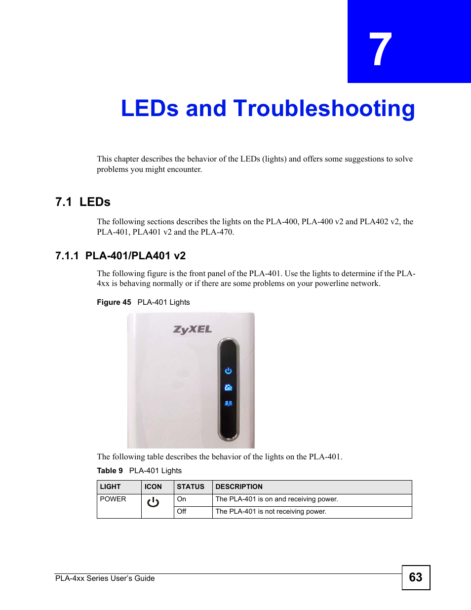 Leds and troubleshooting, 1 leds, 1 pla-401/pla401 v2 | Chapter 7 leds and troubleshooting, Table 9 pla-401 lights, Figure 45 pla-401 lights, Leds and troubleshooting (63) | ZyXEL Communications PLA470 V2 User Manual | Page 63 / 92