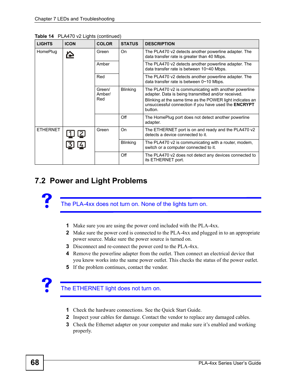 2 power and light problems, 68 7.2 power and light problems | ZyXEL Communications PLA470 V2 User Manual | Page 68 / 92