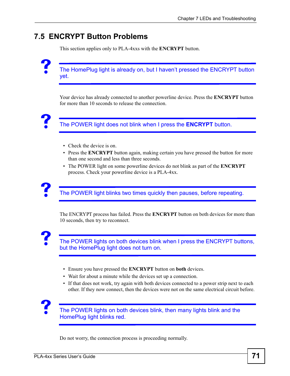 5 encrypt button problems | ZyXEL Communications PLA470 V2 User Manual | Page 71 / 92